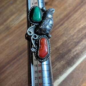 Vintage Navajo Sterling Silver Turquoise and Coral Ring Size 6